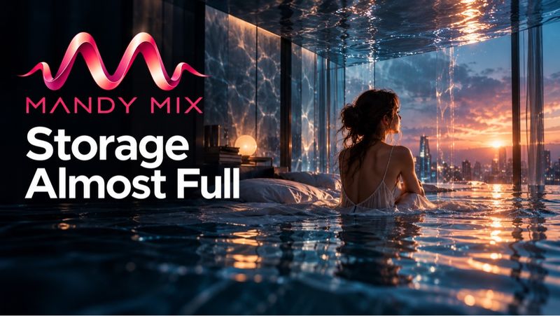 Official cover art for Storage Almost Full: the Mandy Mix logo above the title, and a woman seated in a flooded, sunset-lit room.